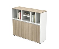 Armoire de bureau ISO E0 en panneaux de particules Schattdecor avec revêtement en mélamine, bordure en PVC, étagère ouverte, trois portes, chêne blanc