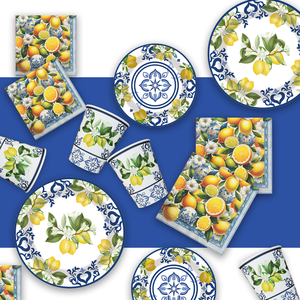 Ensemble de fournitures de fête bleu citron style méditerranéen, vaisselle jetable avec assiettes, gobelets, serviettes et bannière pour fête prénuptiale estivale - Product Image 1
