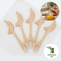 FSC-gecertificeerde Smiley Banana bamboe cocktailprikkers, conform EC 1935, natuurlijke bamboe fruitvorkjes voor bar & café