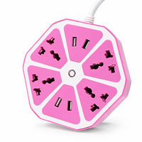 Stopkontak Ekstensi USB Industri 10A dengan 4 Stopkontak AC dan 4 Port USB-A dalam Warna Pink dan Putih untuk Meja Rumah dan Kantor.