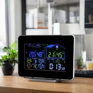 USB Powered Wireless Color LCD Touchscreen Weather Station Alarm Weather Barometer Thermometer Hygrometer Flat Clock Design