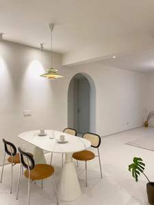 Mesa de comedor blanca crema estilo INS moderna de mediados de siglo, muebles de madera nórdica más fuertes con parte superior de pizarra de doble pata para hoteles - Product Image 6