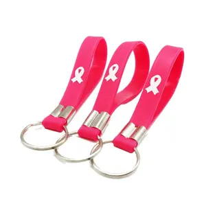 Wholesale High Quality Breast Cancer Awareness Bracelet Keychain Silicone Key Holder Pink Silicone Keychain PVC Custom ODM