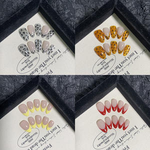 <span class=keywords><strong>Uñas</strong></span> Postizas Cortas Almendradas Hechas a Mano con Diseño <span class=keywords><strong>de</strong></span> Leopardo, Puntas Francesas Clásicas Rojas y Amarillas, <span class=keywords><strong>Uñas</strong></span> con Patrón Animal Chic al por Mayor - Product Image 2