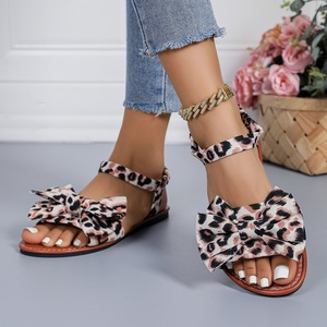Summer Women Leopard Print Flat Sandals Sweet Big <b>Bow</b> Design Elastic Ankle Strap Casual Beach Sandals - Product Image 3