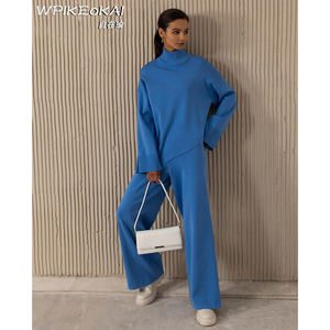 半高领毛衣针织阔腿裤两件套欧美2025年ins不规则斜边时尚 - Product Image 2