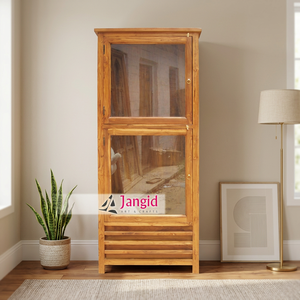 Moderno Armario de Almacenamiento de Madera Maciza de Teca y Vidrio, Librería, Estantería, Vitrina Hecha a Mano, Almirah para Hotel - Product Image 2