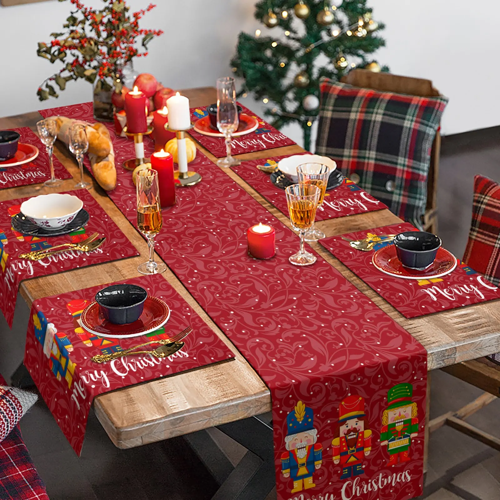 Nutcracker ชุดผ้าปูโต๊ะอาหารสำหรับนักวิ่ง,แผ่นปูรองโต๊ะผ้าลินินกันน้ำลายราชวงศ์อังกฤษสุดหรูสำหรับตกแต่งโต๊ะคริสต์มาส