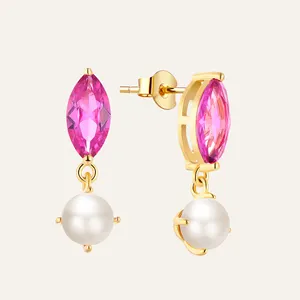 Yh Jewellery S925 Sterling Silver Ruby Water Drop Zirconia Pearl Stud Earrings 18K Gold Plated Luxury Pearl Earring Jewelry