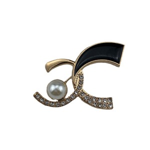 Diamond Pearl Number Brooch Gold Black Enamel Crystal Women's Fashion Party Accessory - Product Image 5