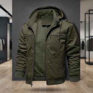 Men's Winter Hooded Bomber <b>Jacket</b> <b>Fleece</b> Lined Windproof Zipper Closure Casual Solid Color Regular Fit - Product Image 2