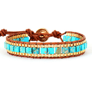Turquoise Blue Geometric Beaded Bracelet Copper Alloy Channel Setting Leather Wrap Gift Jewelry - Product Image 5