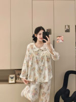 Pyjama deux pièces en coton pour femme, style palais, avec dentelle, imprimé floral mignon, collection Printemps-Automne 2026, version coréenne