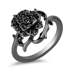 Anello Cocktail Floreale T0814 da Donna con Zirconia Cubica Nera e Micro Pavé, Pietra Rotonda, Regalo, Anelli alla Moda - Product Image 1