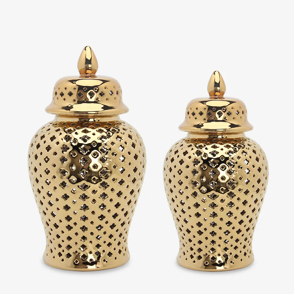 J155Gセラミックゴールドジンジャージャー中空アウト磁器花瓶注文家の装飾ジャーセット