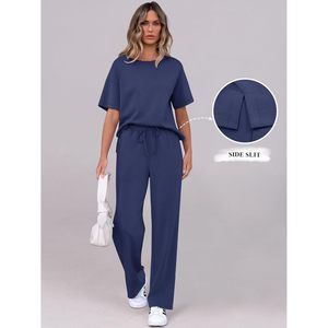 Conjuntos de Salón para Mujer de 2 Piezas, Trajes Deportivos de Manga Corta, Conjuntos a Juego, Pantalones de Pierna Ancha, Transpirables e Informales para Verano - Product Image 4