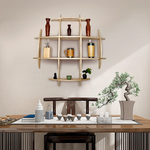 <b>Wall</b> Mounted Solid Wood <b>Display</b> Shelf Geometric Multi Compartment Chinese Style Storage Rack For Teacup And Decorative Items - Product Image 1