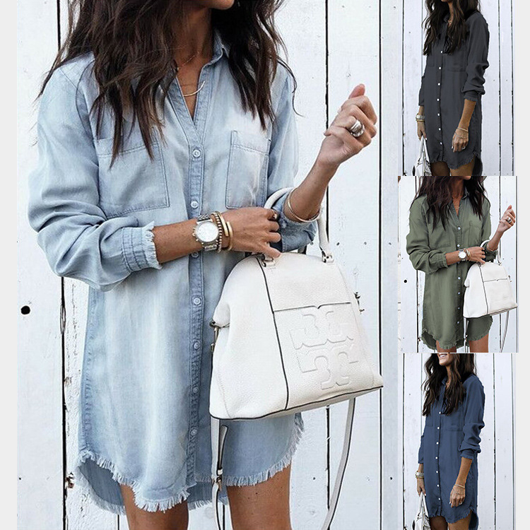 Ladies New oversized Women's jeans shirt tassels Casual Long Sleeve Shirt denim Skirt Dress plus size women's blouses & shirts