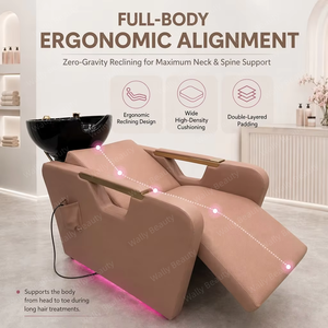 Bac à shampoing ergonomique moderne en céramique avec lit de lavage, dossier vibrant, accoudoirs dorés et éclairage pour station de beauté et spa - Product Image 4