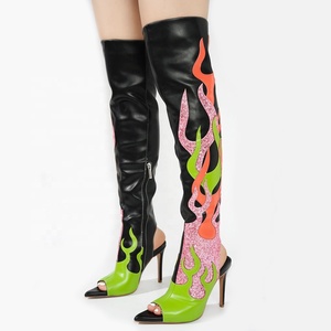 Women Mixed Glitter Fire Over Knee High <b>Boots</b> Peep Toe Stiletto Thin Heels Shoes Side Zipper Summer Long Booties - Product Image 1
