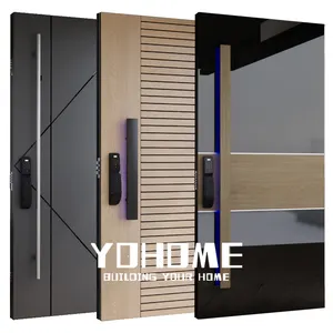 Diseño de puerta de seguridad de aluminio ruso con cerradura inteligente puertas delanteras de entrada de madera para casas yohome puerta principal villa