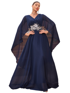 Maßge schneider tes Luxus-Abendkleid mit V-Ausschnitt und langem Umhang und besticktem blauem Abendkleid mit Sweep Train für <span class=keywords><strong>Prom</strong></span> und Party - Product Image 1