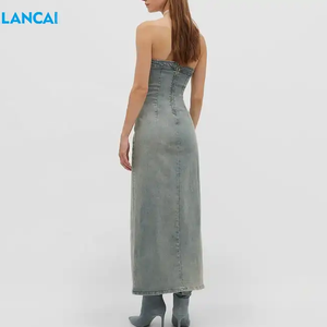 Fabricantes de ropa Vestido vaquero de diseño personalizado Frente Split Maxi Vestidos casuales para mujer - Product Image 2