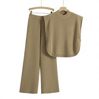 Nouveauté transfrontalière : Ensemble décontracté tricoté style européen et américain pour femme – Gilet sans manches et pantalon large en maille pour l'été