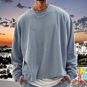 Men's Oversized Long Sleeve <b>Waffle</b> Knit O-Neck T-<b>Shirt</b> Solid Blue Casual Fit 100% Cotton Plain Dyed Design - Product Image 3