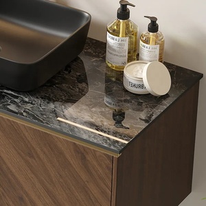 Space-Saving Wall-Mounted Bathroom Vanity <strong>Bath</strong> Mirror Copper <strong>MDF</strong> Door <strong>Panels</strong> Glossy Sintered Stone Top Durable Wood Vessel Sink - Product Image 4