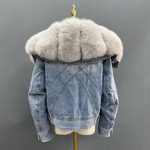 エレガントなビッグリアルフォックス毛皮襟ダウンコートフェザーライニングパーカデニム毛皮ジャケット - Product Image 3