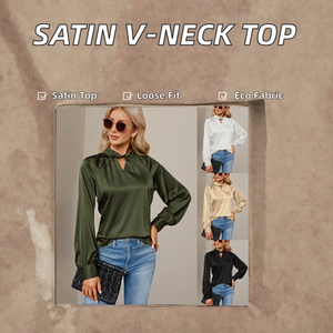 Women's Satin Blouse Long Sleeve Balloon Sleeve Slash Neck Wrap Tie Elegant Solid Color <b>Top</b> Regular Fit All Seasons Wear - Product Image 2