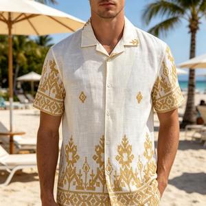 Camisa de lino y algodón con bordado de estampado floral para hombre, camisa informal de manga corta para hombre, camisas de vacaciones en la playa para hombre - Product Image 5