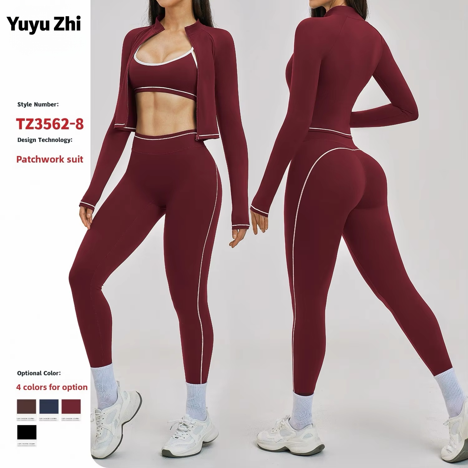 Women's Cross-border Color-Blocking Yoga Fitness Three-Piece Set Zipper Windproof Slim-Fit Outdoor Running Sports Suit