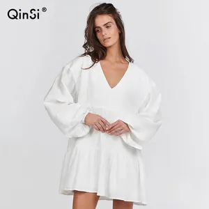 QINSI scollo a v Mini camicia da notte allentata Sexy 2023 lanterna manica lunga abiti donna abito da notte in cotone pieghettato camicia da notte donna