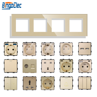 Interrupteur mural modulaire en verre trempé doré avec prises multiples (Type F, E, USB, TV, sonnette) pour hôtels et décoration résidentielle
