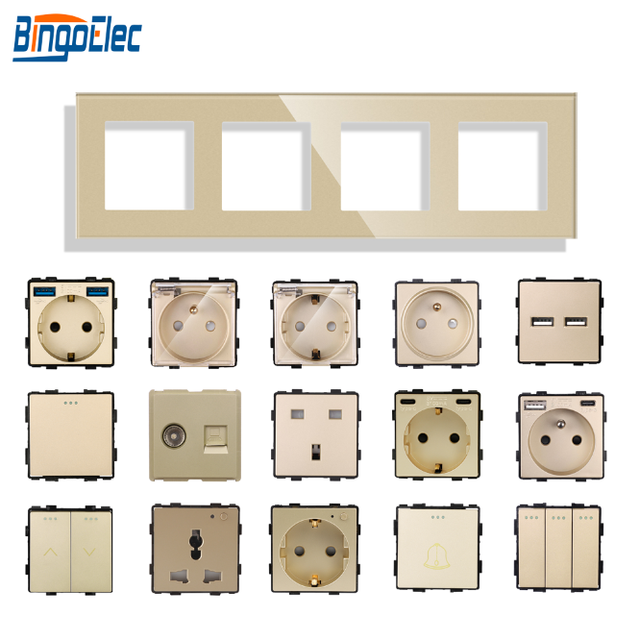 Golden Tempered Glass Frame Modular Wall Switch Socket Multi Insert Type F E USB TV Doorbell for Hotel Residential Decoration