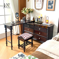 Coiffeuse antique en bois foncé, ensemble rétro avec armoire de rangement à pieds tournés et bureau de toilette avec tiroirs vitrés