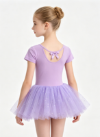 Vestido de Ballet con Tutú Morado de Manga Corta para Niñas Pequeñas, con Lentejuelas Brillantes, Tul, Spandex/Nailon, Estampado Digital, Leotardo para Danza Escénica