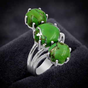 Bagues Gourik vert turquoise à trois pierres en argent 925, pierres précieuses naturelles, sertissage à griffes, bijoux cadeau, style bohème, pour usage quotidien - Product Image 3