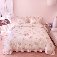 Ensemble de literie en coton rose romantique, style princesse, housse de couette à volants avec taies d'oreiller, ensemble 3 pièces