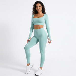 Mint Green Lightweight 2 Piece Yoga Set Square Neck Long Sleeve Crop Top High Waist Full Length <b>Leggings</b> <b>Seamless</b> Spandex/Nylon - Product Image 1