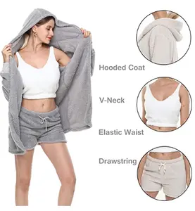 Winter Clothes for Women Warm Sherpa Fleece 3 Piece Outfit Fleece Coat Jacket Outwear and Spaghetti Strap Crop Top Shorts Set