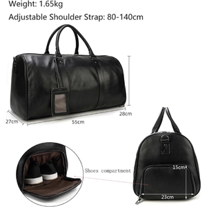 Bolsa de Viaje de Cuero Unisex, Bolsa de Fin de Semana para Gimnasio, con Compartimento para Zapatos, Cierre de Cremallera, Negra - Product Image 6