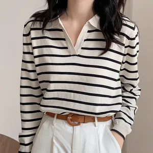 Camiseta feminina listrada e de pricot, camiseta casual feminina com gola polo e manga longa