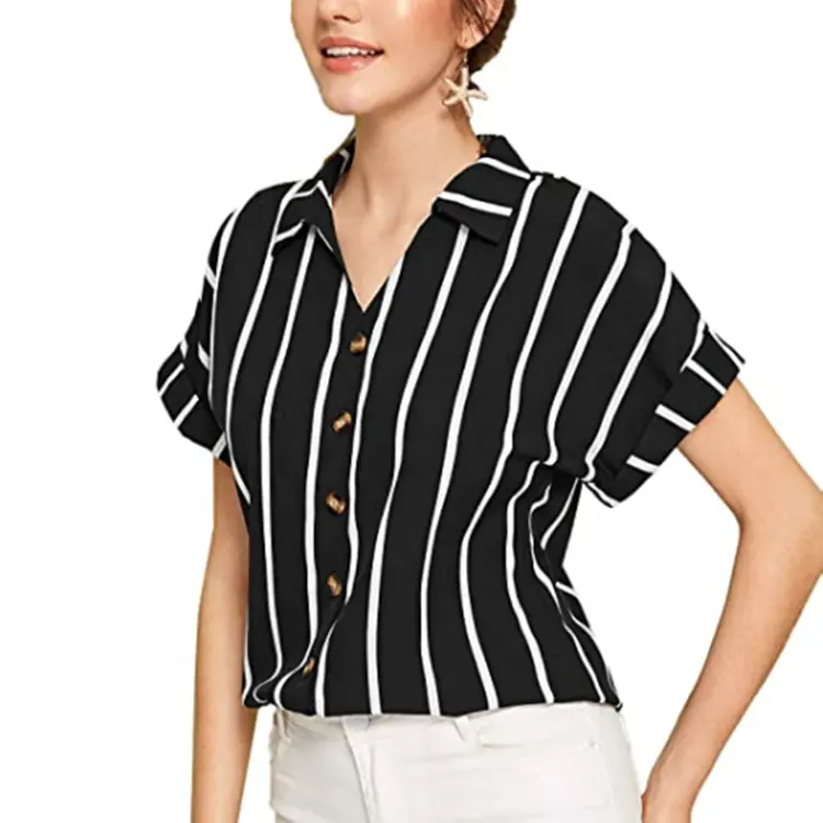 Wholesale printed custom vintage shirts women embroidered striped blouses for women blouse women