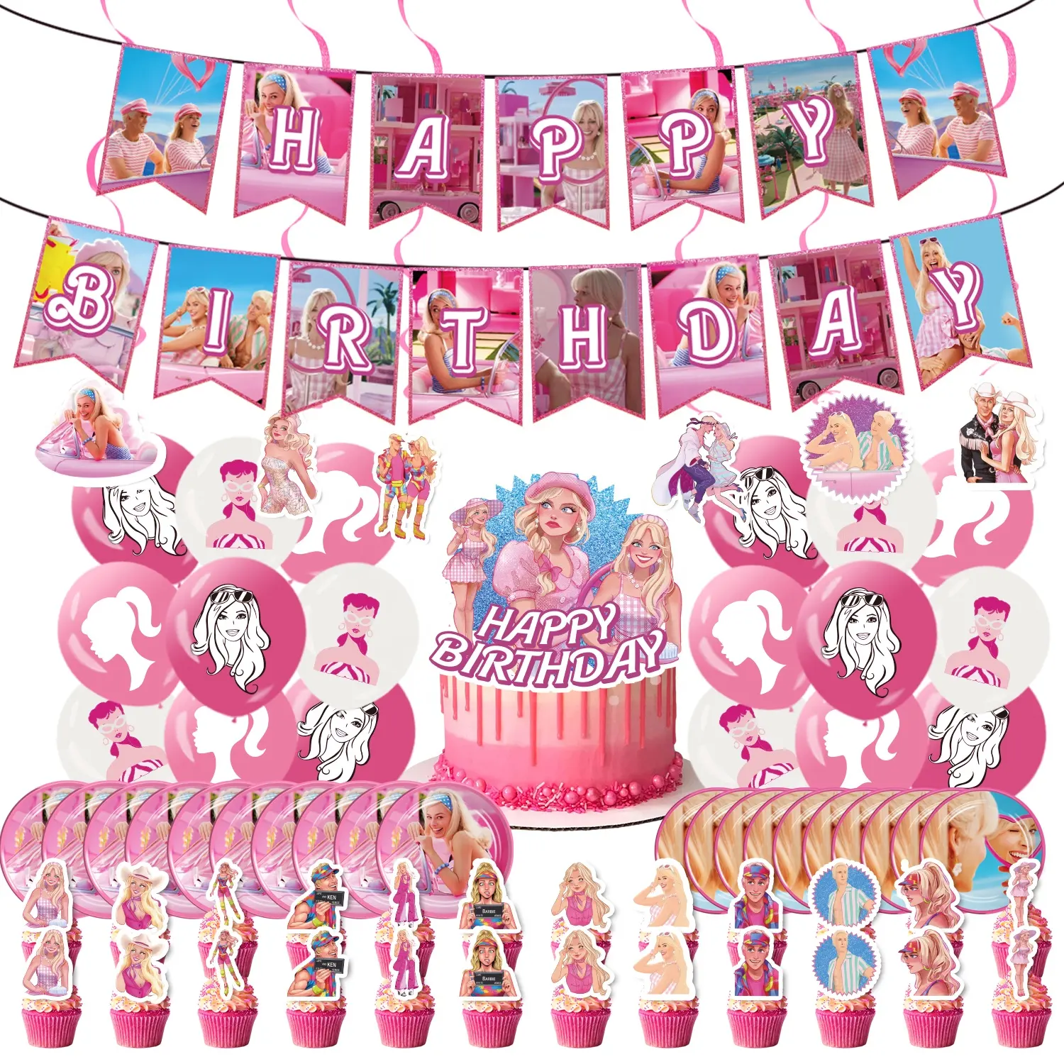 Rosa Puppe Thema Ballons Set Kit Baby Mädchen Geburtstag Party Cartoon Banner Kuchen Topper Set Hochzeit Versorgung