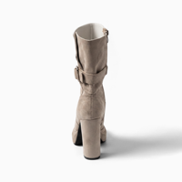 Bottes mi-mollet pour femmes en faux daim à plateforme et talon épais, avec boucle et fermeture éclair, rehaussantes, personnalisables avec logo, faible MOQ – Fabrication OEM/ODM