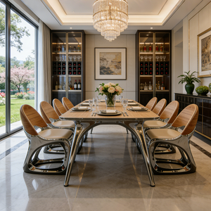 Set di Sedie e <span class=keywords><strong>Tavolo</strong></span> da Pranzo Moderno e Lussuoso in Fibra di Vetro, Sedie con Piano in Vetro Dorato Rotondo o Rettangolare per Matrimoni ed Eventi - Product Image 6