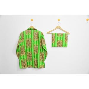 Ensemble de pyjama en coton rayé vert pour femmes, manches longues, col rabattu, vêtements de nuit décontractés, pantalon à motif imprimé, vêtements d'été - Product Image 2